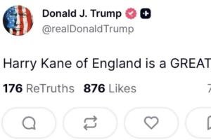 美国总统特朗普发文:英格兰的哈里·凯恩是一位伟大的球员!!!