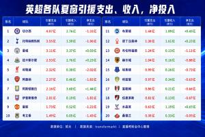 英“钞”14队夏窗引援支出破亿!维拉净赚1.44亿,红军净投入第一