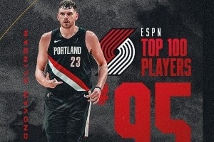 开拓者晒队内ESPN前100球员:克林根95 莫兰特77 利拉德69 阿福27